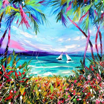 「Palm trees, beach,…」というタイトルの絵画 Aliaksandra Tsesarskayaによって, オリジナルのアートワーク, アクリル ウッドストレッチャーフレームにマウント