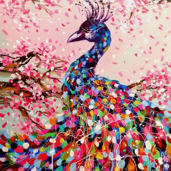 Painting titled "Colorful peacock -…" by Aliaksandra Tsesarskaya, Original Artwork, Acrylic Mounted on Wood Stretcher frame