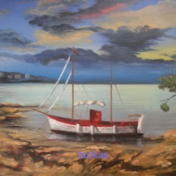 Pittura intitolato "Fishing boat" da Panagiotis Tsokas, Opera d'arte originale