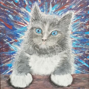 Painting titled "Little cat" by Ulia Vasina, Original Artwork, Acrylic Mounted on Cardboard