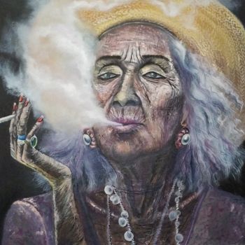 Painting titled "Woman with a cigare…" by Julianna Tulinova, Original Artwork, Oil