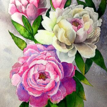 「"bouquet de pivoine…」というタイトルの絵画 Valerie Sorbetsによって, オリジナルのアートワーク, 水彩画