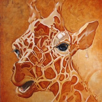 Schilderij getiteld ",,GIRAFFE,," door Vadim Kovalev, Origineel Kunstwerk, Olie Gemonteerd op Frame voor houten brancard