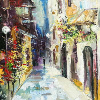 Painting titled "LUMINESCENT ALLEY" by Vahe Bagumyan, Original Artwork, Oil Mounted on Wood Stretcher frame