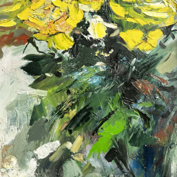 Painting titled "Yellow abstract ros…" by Vahe Bagumyan, Original Artwork, Oil Mounted on Wood Stretcher frame