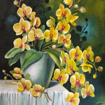Pittura intitolato "yellow orchids" da Valentyna Valevska, Opera d'arte originale, Olio Montato su Telaio per barella in leg…