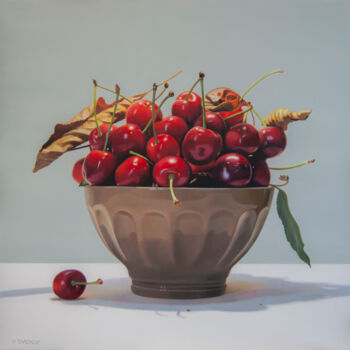 Painting titled "Cherries Painting" by Valeri Tsvetkov, Original Artwork, Oil Mounted on Wood Stretcher frame