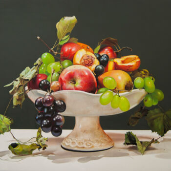 Painting titled "Still life with fui…" by Valeri Tsvetkov, Original Artwork, Oil Mounted on Wood Stretcher frame