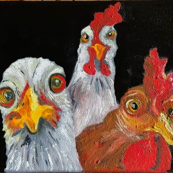 Painting titled "POULES" by Valérie Morin, Original Artwork, Oil