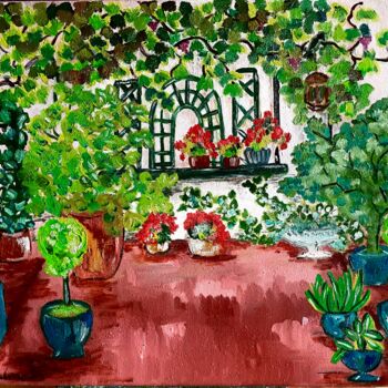 Painting titled "Le Patio" by Valérie Morin, Original Artwork, Oil Mounted on Wood Stretcher frame