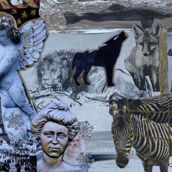 Collages getiteld "Tristesse" door Valerie Noble Val, Origineel Kunstwerk, Collages Gemonteerd op Frame voor houten brancard