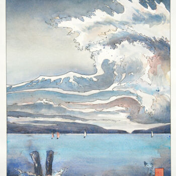 Pittura intitolato "Ciel de Vagues, aqu…" da Vanessa Renoux, Opera d'arte originale, Acquarello Montato su Cartone