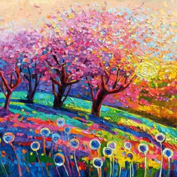 Painting titled "Cherry trees under…" by Vanya Georgieva, Original Artwork, Oil Mounted on Wood Stretcher frame