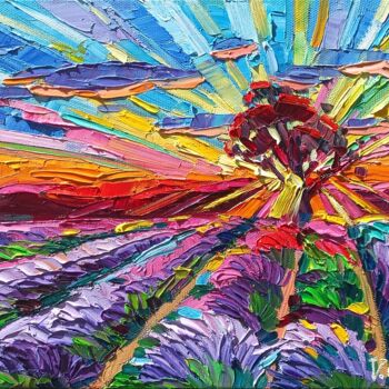 Painting titled "Lavender Sunset" by Vanya Georgieva, Original Artwork, Oil Mounted on Wood Stretcher frame