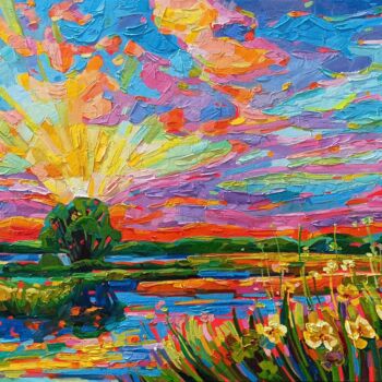 Pintura titulada "Sunset on the lake" por Vanya Georgieva, Obra de arte original, Oleo Montado en Bastidor de camilla de mad…