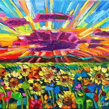 Painting titled "Sunny fields 3" by Vanya Georgieva, Original Artwork, Oil Mounted on Wood Stretcher frame