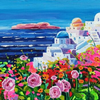 Painting titled "Sunny Santorini" by Vanya Georgieva, Original Artwork, Oil Mounted on Wood Stretcher frame