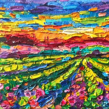 Painting titled "Vineyards at sunset" by Vanya Georgieva, Original Artwork, Oil Mounted on Wood Stretcher frame