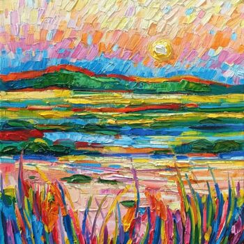 「Sunrise on the lake」というタイトルの絵画 Vanya Georgievaによって, オリジナルのアートワーク, オイル ウッドストレッチャーフレームにマウント