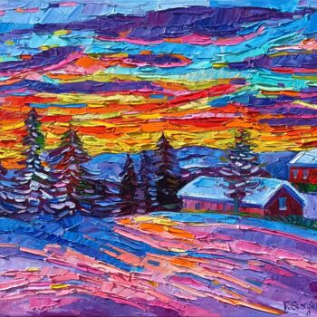 Malarstwo zatytułowany „Hot Winter sunset” autorstwa Vanya Georgieva, Oryginalna praca, Olej Zamontowany na Drewniana rama n…