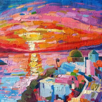 Картина под названием "Santorini sunset" - Vanya Georgieva, Подлинное произведение искусства, Масло Установлен на Деревянная…