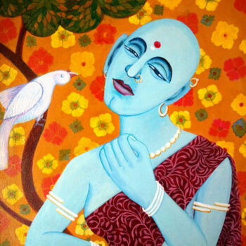 Peinture intitulée "lady-with-bird-2015…" par Venkata Swamy Valluri, Œuvre d'art originale, Acrylique