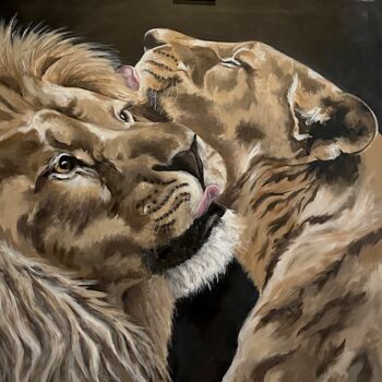 Malarstwo zatytułowany „Lion et lionne - Li…” autorstwa Véro Blaise, Oryginalna praca, Akryl