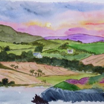 Painting titled "Sunset near Rosscar…" by Véronique Crombé, Original Artwork, Watercolor