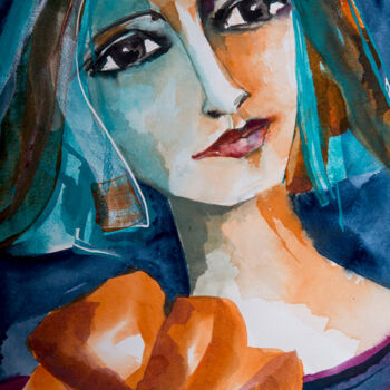 Pintura intitulada "Femme Blues 16" por Véronique Piaser-Moyen, Obras de arte originais, Aquarela