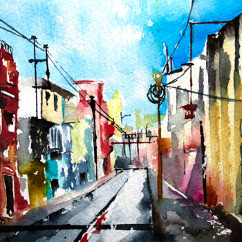 Peinture intitulée "Pondichery-Rue du p…" par Véronique Piaser-Moyen, Œuvre d'art originale, Aquarelle