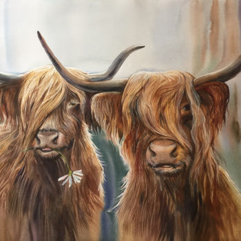 Painting titled "Loving bulls. Portr…" by Natalia Veyner, Original Artwork, Watercolor