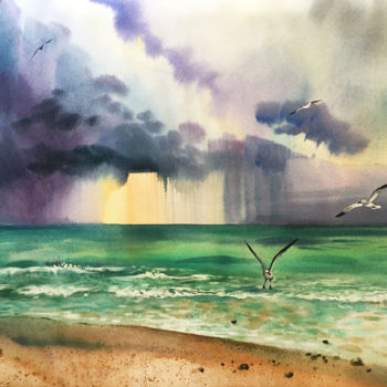 Pintura intitulada "Miami beach. The oc…" por Natalia Veyner, Obras de arte originais, Aquarela