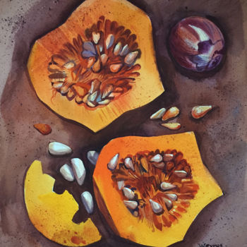 Schilderij getiteld "Pumpkin soup. Pumpk…" door Natalia Veyner, Origineel Kunstwerk, Aquarel