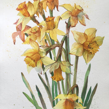 Malarstwo zatytułowany „Daffodils. Spring f…” autorstwa Natalia Veyner, Oryginalna praca, Akwarela