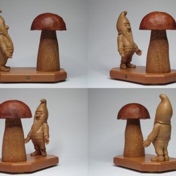 Sculpture titled "Gnome and mushroom" by Victor Utcin, Original Artwork, Wood