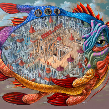 Painting titled "Heavenly Coelacanth" by Victor Molev, Original Artwork, Oil Mounted on Wood Stretcher frame
