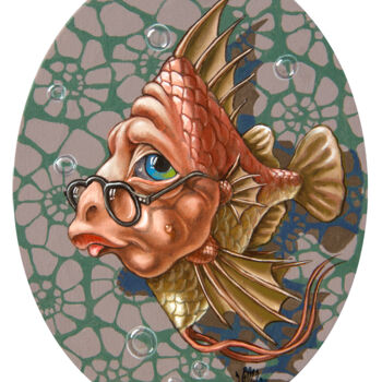 Painting titled "The Well-read fish" by Victor Molev, Original Artwork, Oil Mounted on Wood Stretcher frame
