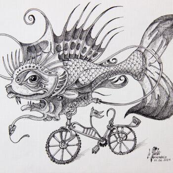 Drawing titled "Fish on a bicycle.…" by Victor Molev, Original Artwork, Ink