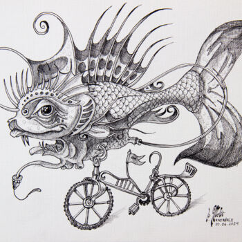 Rysunek zatytułowany „Fish on a bicycle.…” autorstwa Victor Molev, Oryginalna praca, Atrament