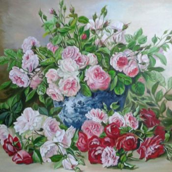 Painting titled "Roses in a vase" by Victoria Popova, Original Artwork, Oil