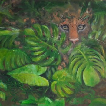 Painting titled "Зеленые листья монс…" by Vika Gumarova, Original Artwork, Oil Mounted on Wood Stretcher frame