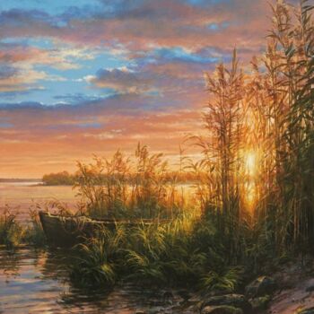 Painting titled "Sunset on the river" by Viktar Yushkevich Yuvart, Original Artwork, Acrylic