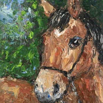 Peinture intitulée "Brown Horse Impasto…" par Vilma Gataveckiene, Œuvre d'art originale, Huile