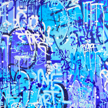 Schilderij getiteld "WALL ART BLUE" door Vincent Bardou, Origineel Kunstwerk, Graffiti Gemonteerd op Frame voor houten branc…