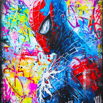 Painting titled "URBAN SPIDER-MAN" by Vincent Bardou, Original Artwork, Oil Mounted on Wood Stretcher frame