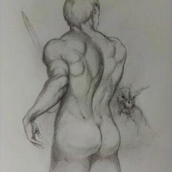 Drawing titled "homme nu menacé" by Vincent Bionaz, Original Artwork, Graphite