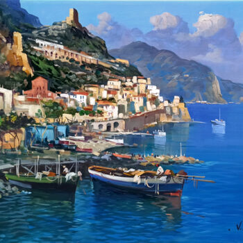Painting titled "Fishing boats - Ama…" by Vincenzo Somma, Original Artwork, Oil Mounted on Wood Stretcher frame