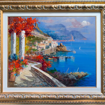 Painting titled "AMALFI FLOWERY ROAD…" by Vincenzo Somma, Original Artwork, Oil Mounted on Wood Stretcher frame