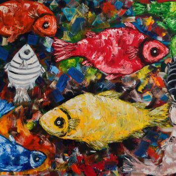 Malerei mit dem Titel "Fish Party" von Vitalii Bondarenko (ViBond), Original-Kunstwerk, Öl
