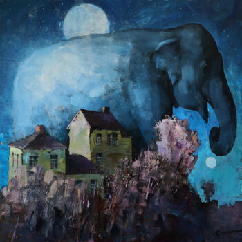 Ζωγραφική με τίτλο "Elephant on a May n…" από Vitaly Gunaza, Αυθεντικά έργα τέχνης, Λάδι Τοποθετήθηκε στο Ξύλινο φορείο σκελ…